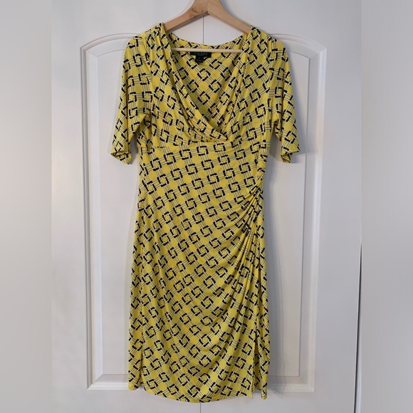 Lauren Ralph Lauren Dress Size 10 Faux Wrap Cinched Side Yellow Squares Midi - Picture 1 of 13